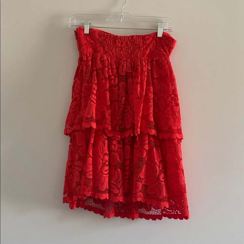 NWT Maeve Anthropologie Strapless Red Lace Tiered Mini Dress Size Small - Picture 12 of 15